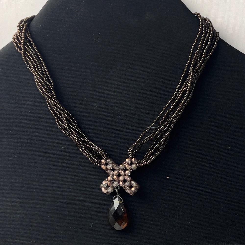Vintage Bronze Multi Strand Seed Bead Necklace Amber Teardrop Pendant 16 Inch